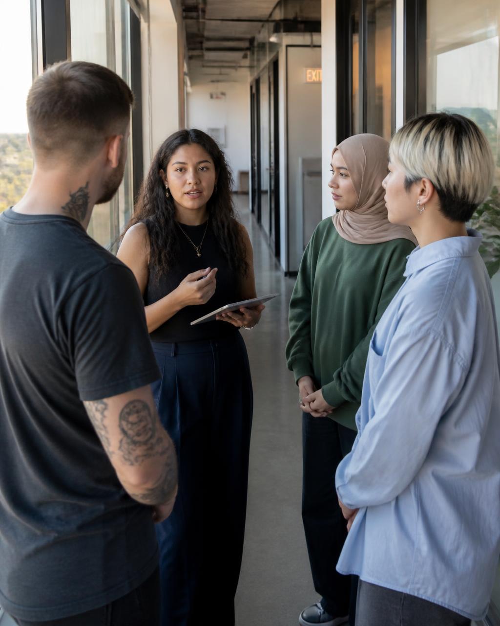 A team collaborating around a table in a modern office
